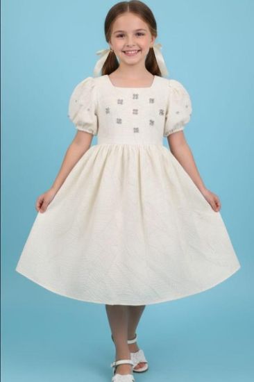 صورة فستان بيج نفاش كلاسيكي ولؤلؤ على الصدر